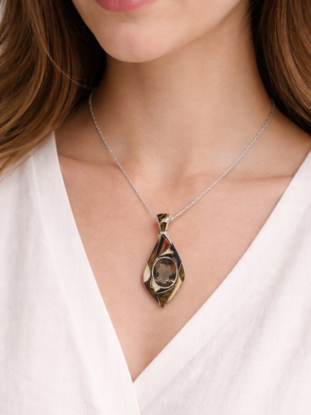 Large Tiger's Eye Smokey Quartz Pendant Necklace 20" (#17)